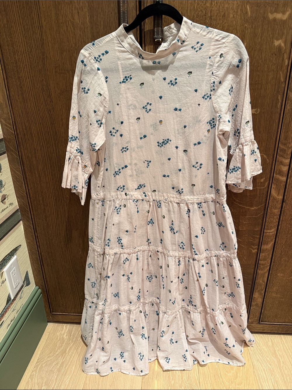 Warm light Pink Tiered Casual Dress with Blue Floral Dots and a slip underneath